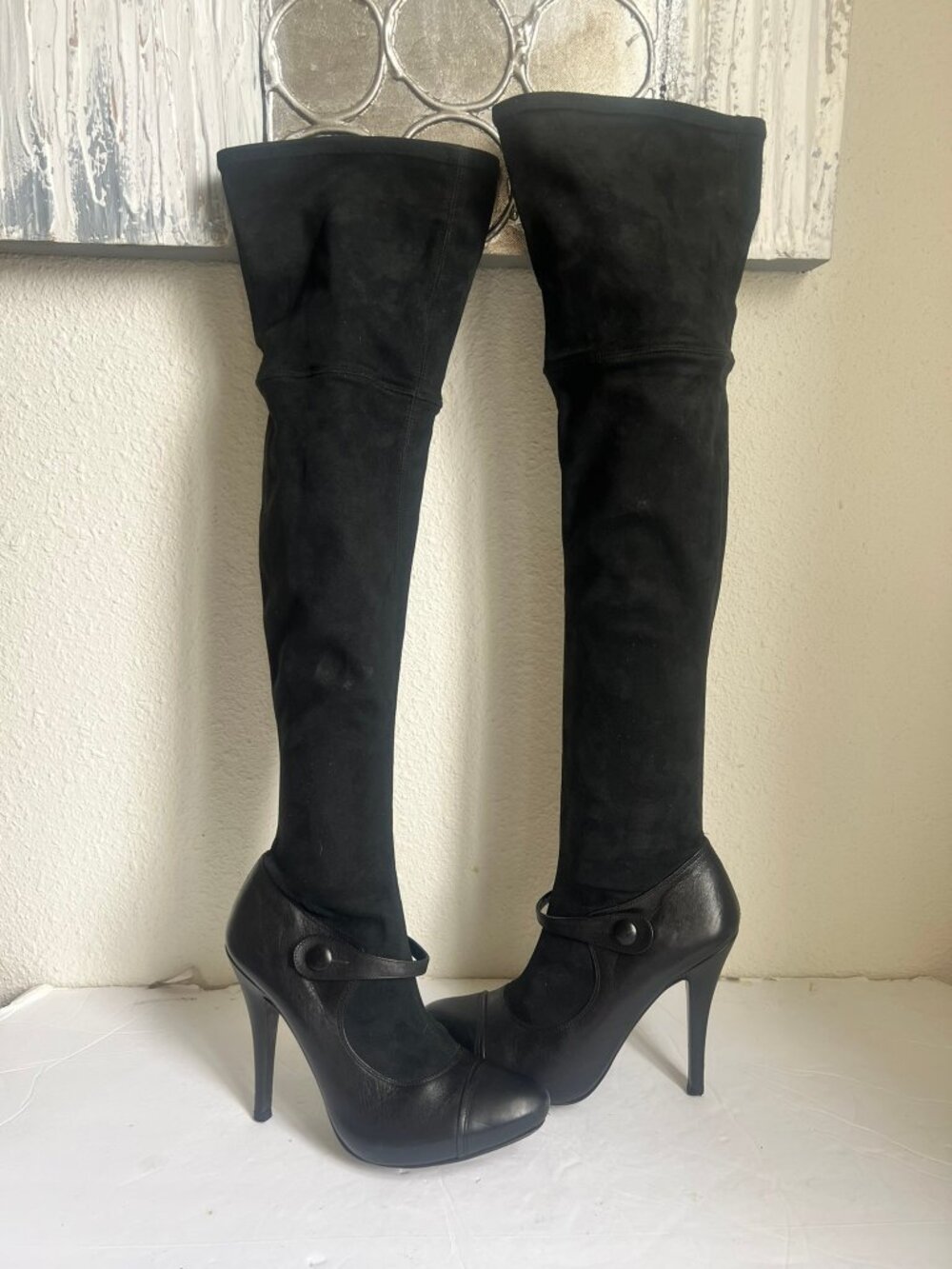 VINTAGE EL DANTES THIGH HIGH LEATHER SUEDE HIDDEN PLATFORM BOOTS SZ 37 / 7 US